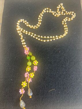 Gold Chain Lariat Necklace with Pink & Lime Flower Beads